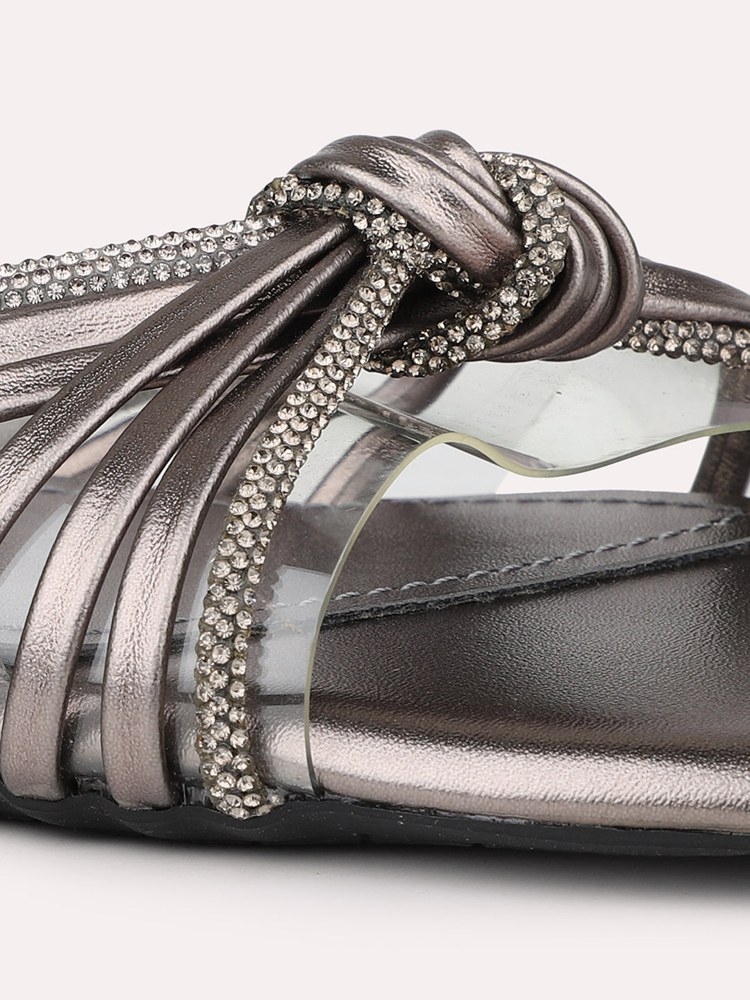 Women Pewter Embellished Strappy Open Toe Flats with Knot Detail