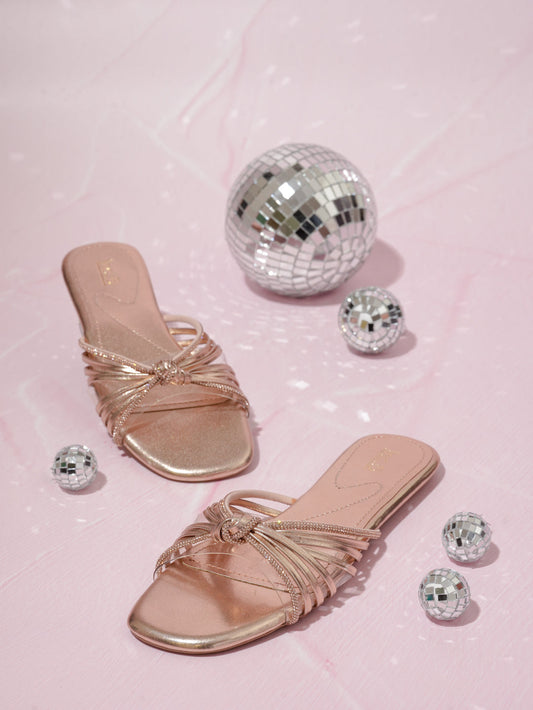 Women Rose Gold Embellished Strappy Open Toe Flats with Knot Detail