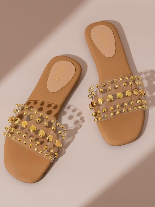 Women Beige & Gold-Toned Transparent Embellished Open Toe Flats