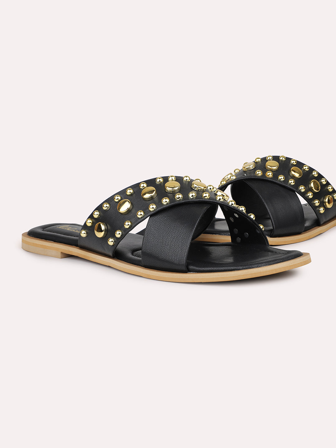 Women Black Studded Criss Cross Strap Open Toe Flats