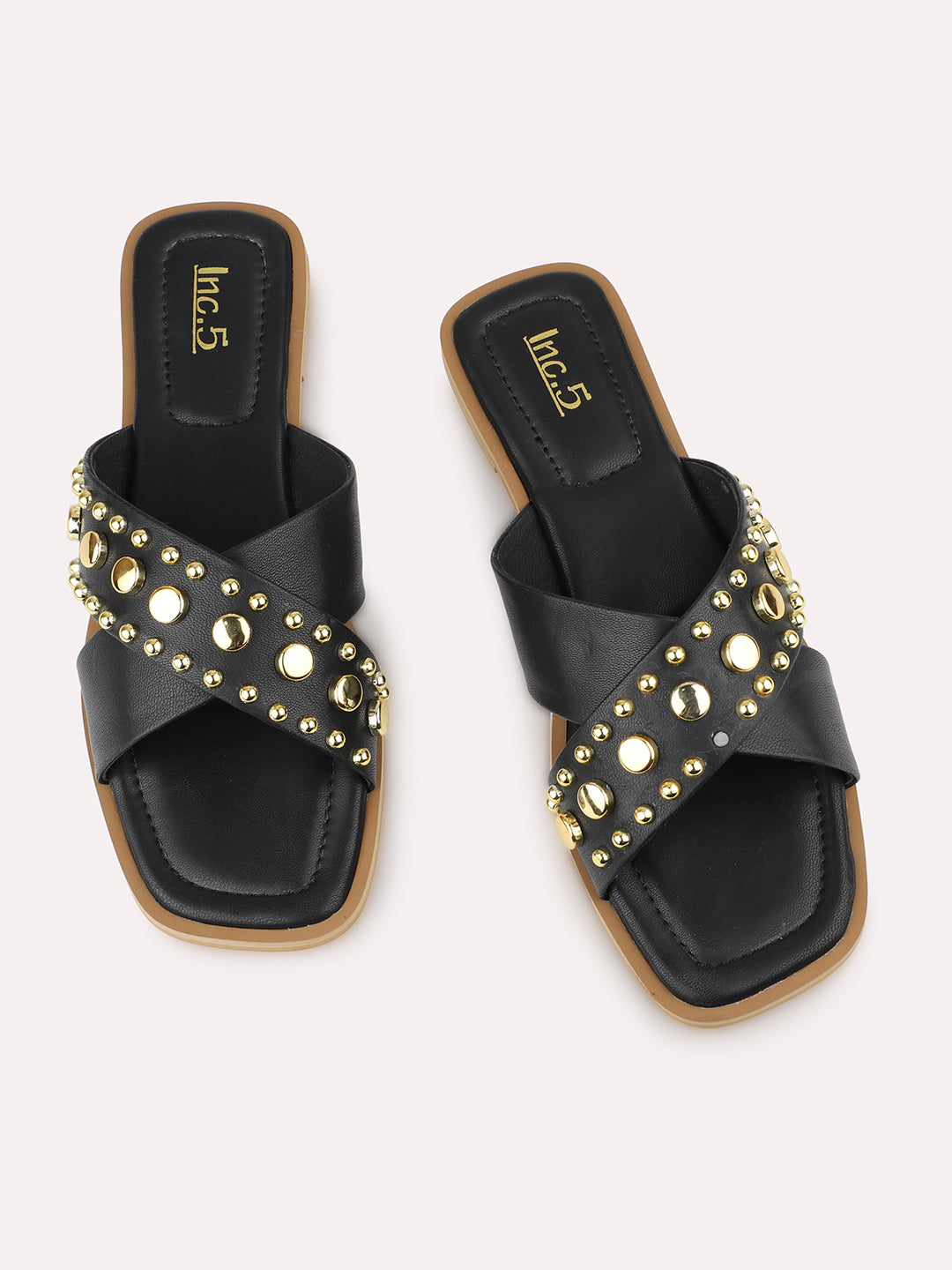 Women Black Studded Criss Cross Strap Open Toe Flats