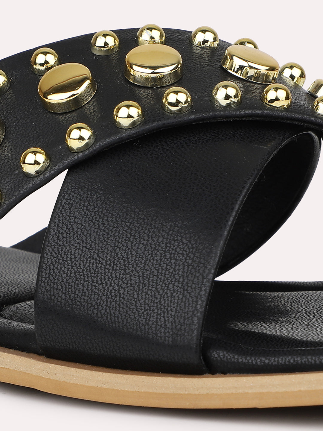 Women Black Studded Criss Cross Strap Open Toe Flats