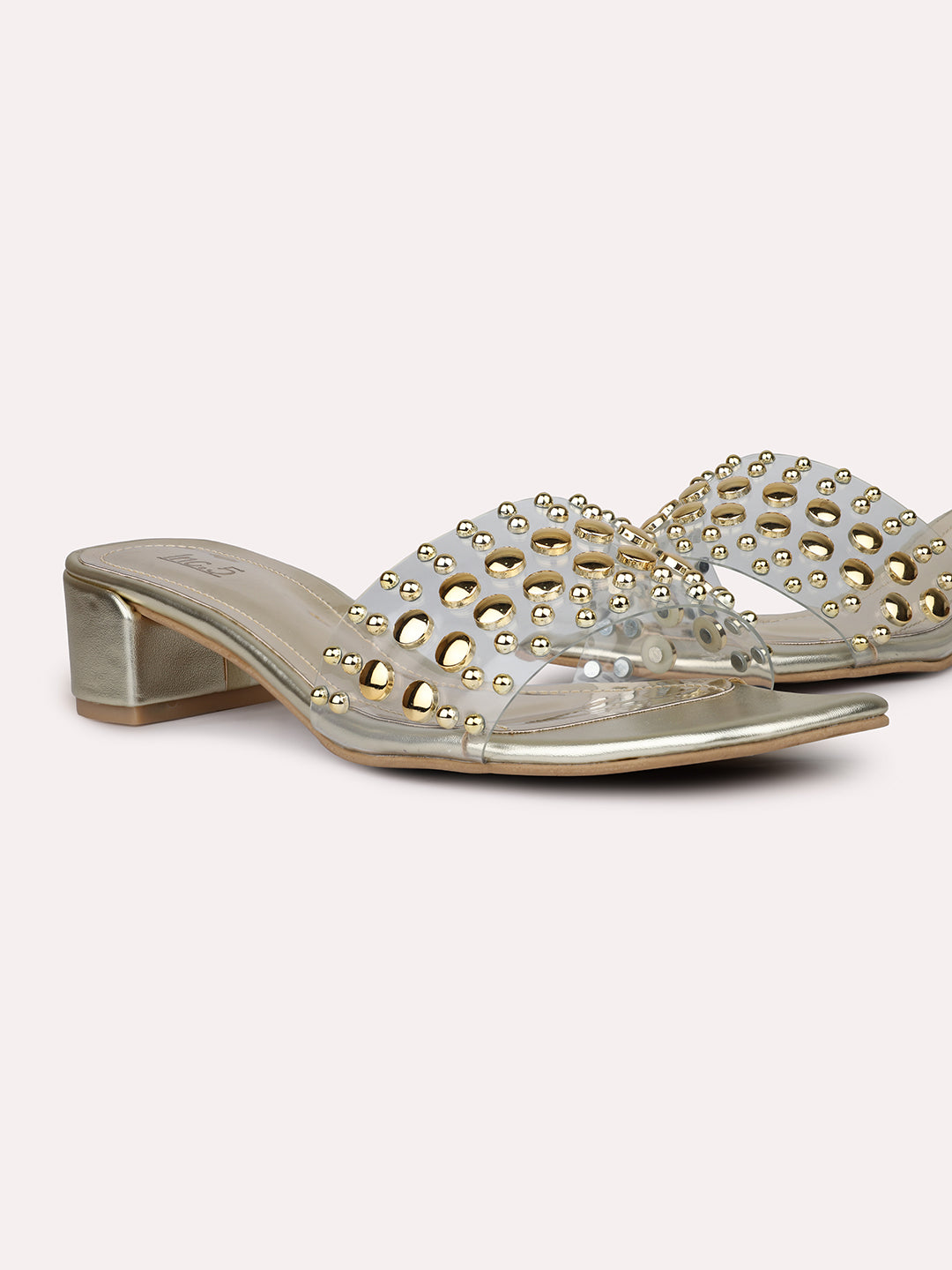 Women Gold Studded Embellished Open Toe Block Heels