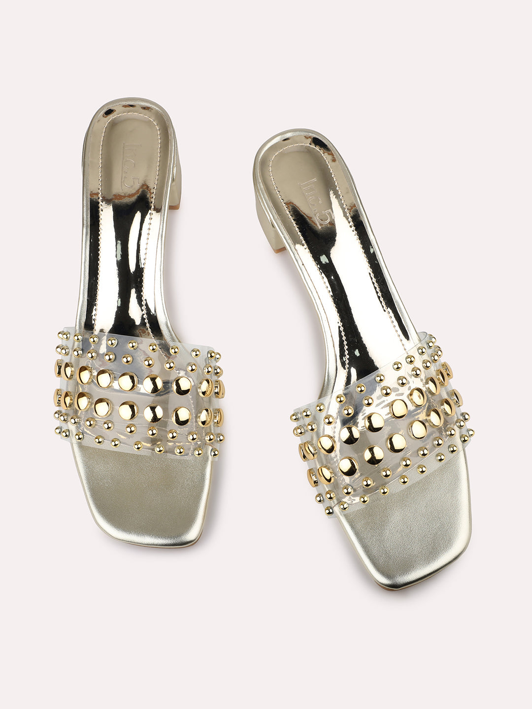 Women Gold Studded Embellished Open Toe Block Heels