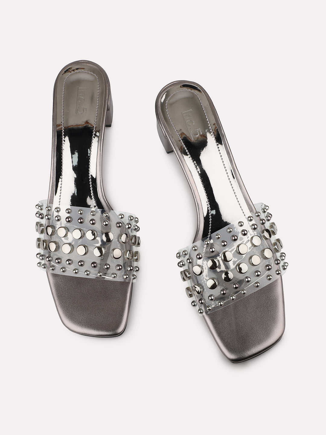 Women Pewter Studded Embellished Open Toe Block Heels