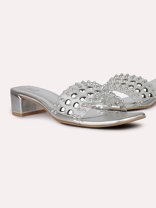 Women Silver Studded Embellished Open Toe Block Heels