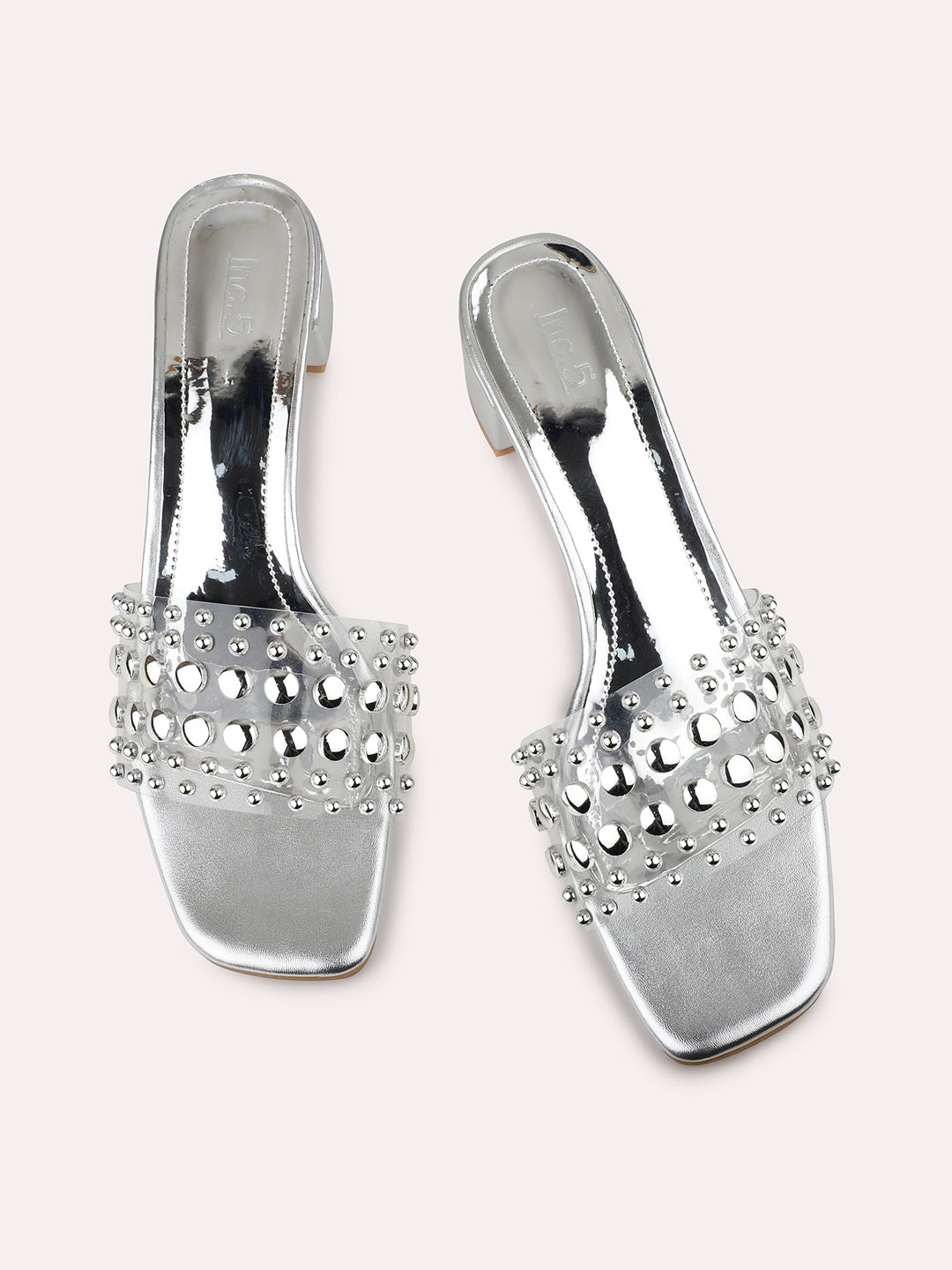 Women Silver Studded Embellished Open Toe Block Heels