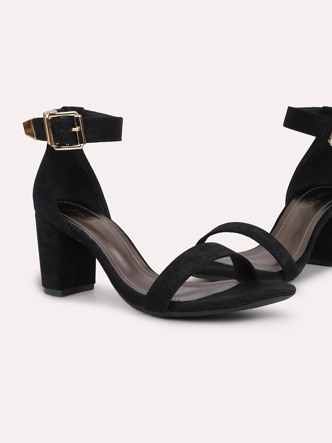 Women Black Open Toe Ankle Loop Party Block Heels With Buckle