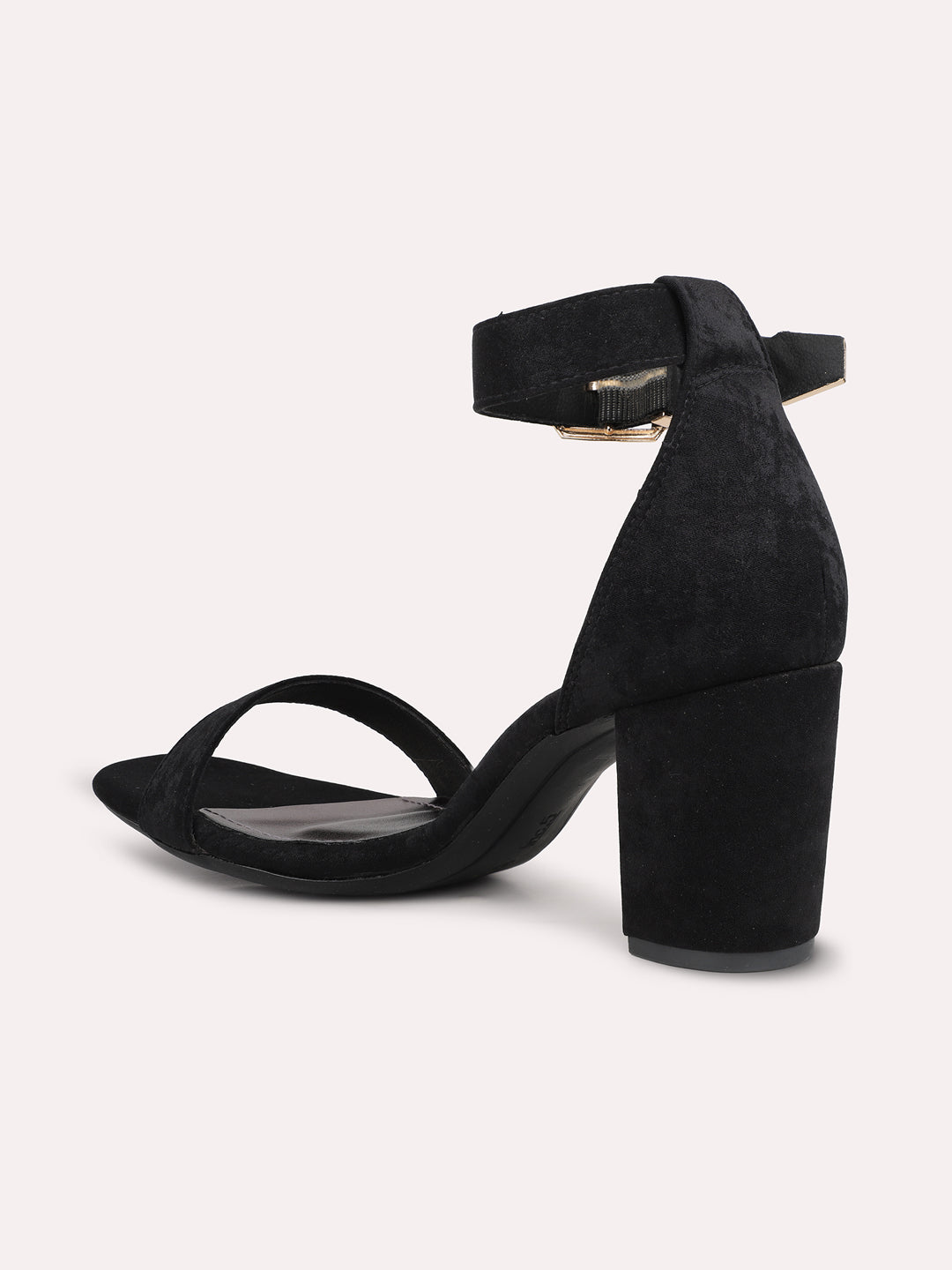 Women Black Open Toe Ankle Loop Party Block Heels With Buckle