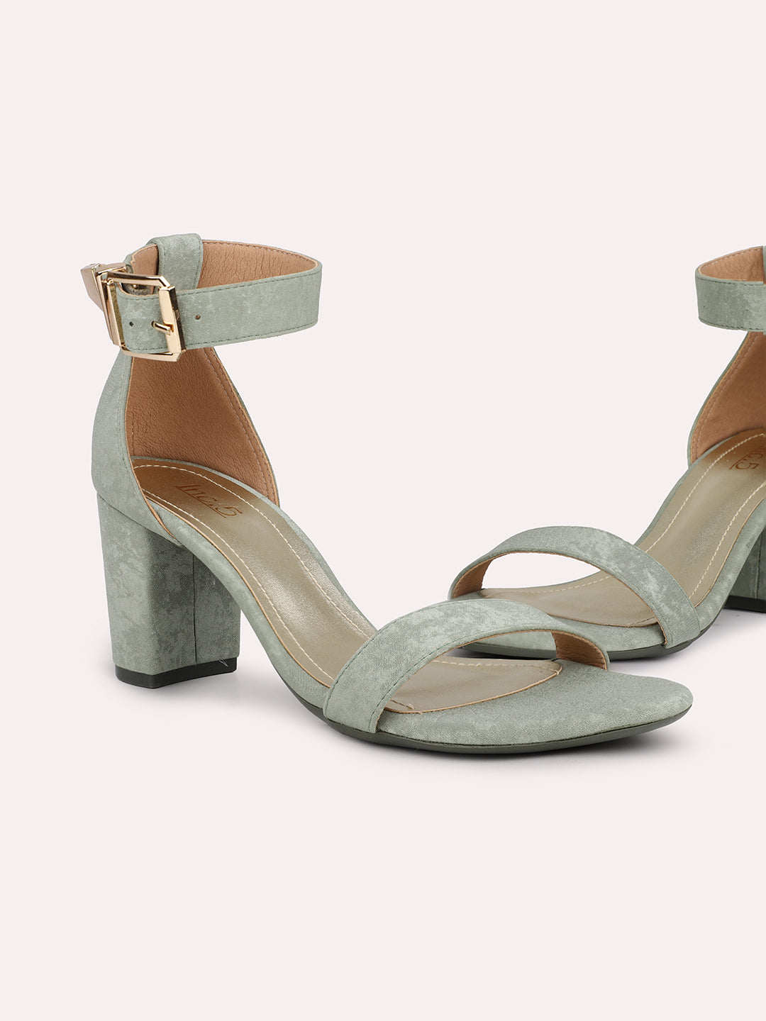 Women Pista Textured Open Toe Ankle Loop Party Block Heels With Buckle