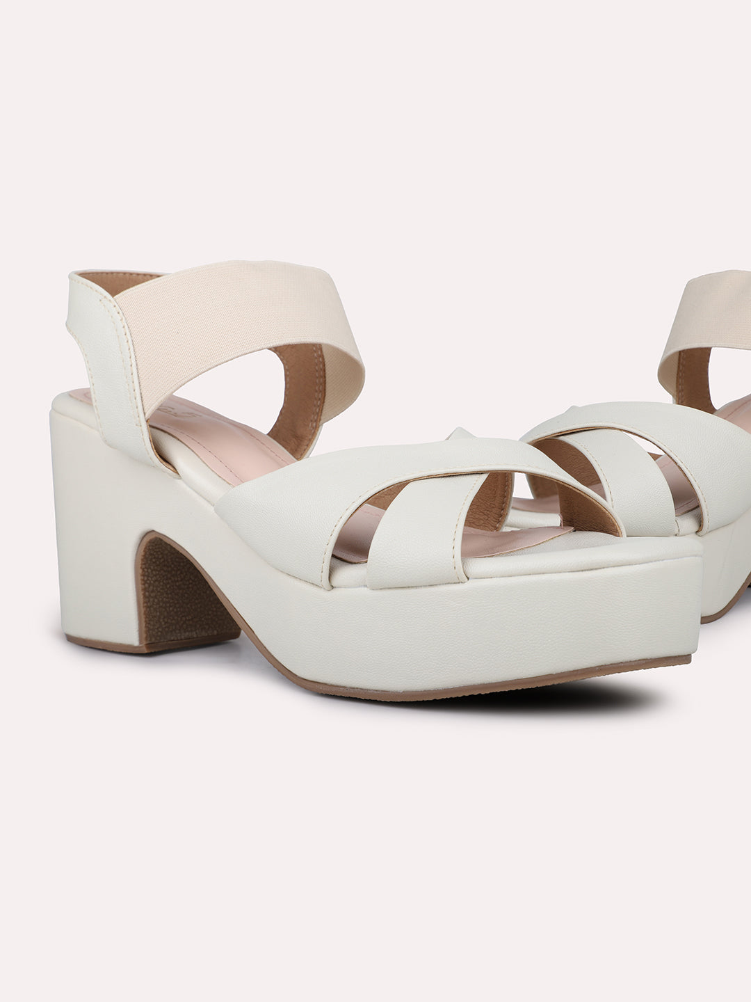 Women Cream Criss-Coss Platform Heels With Backstrap