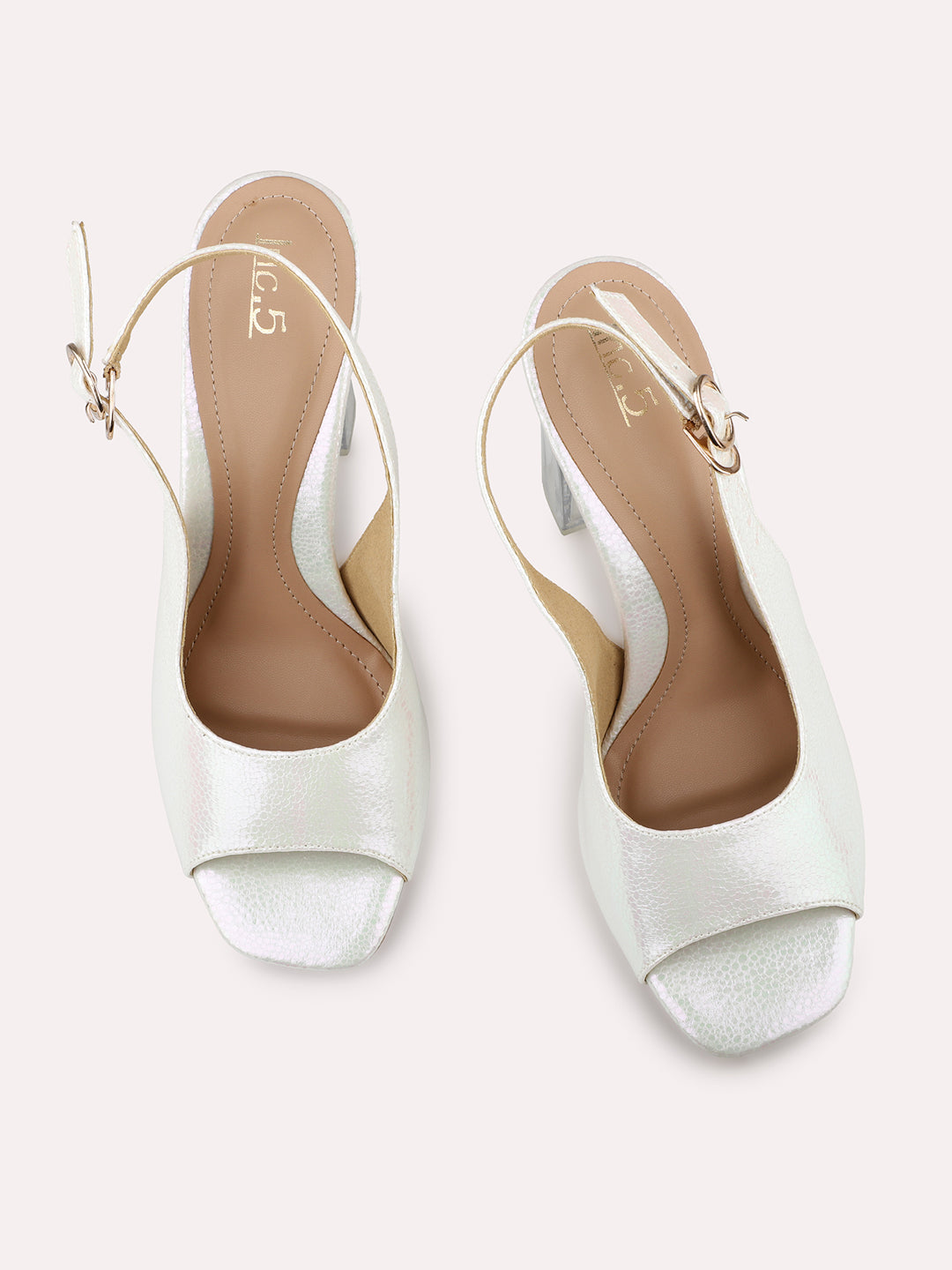 Women Ivory Embellished Buckle Closure Block Peep Toes