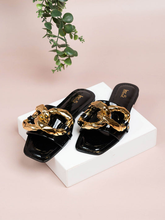 Women Black Buckle Embellished Open Toe Flats