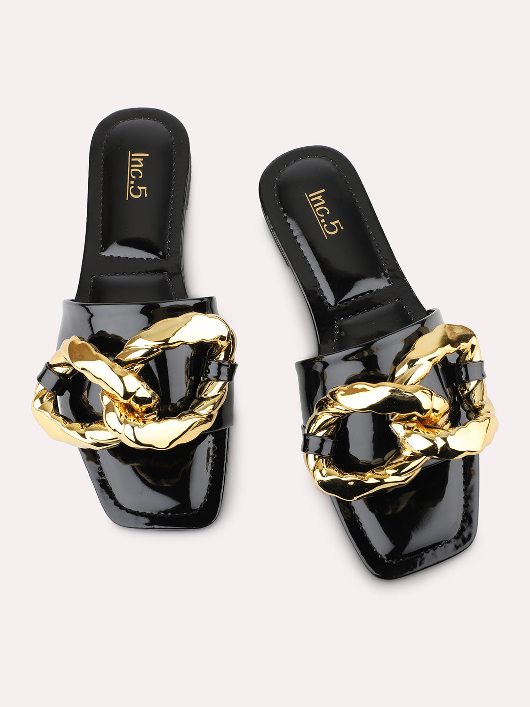 Women Black Buckle Embellished Open Toe Flats