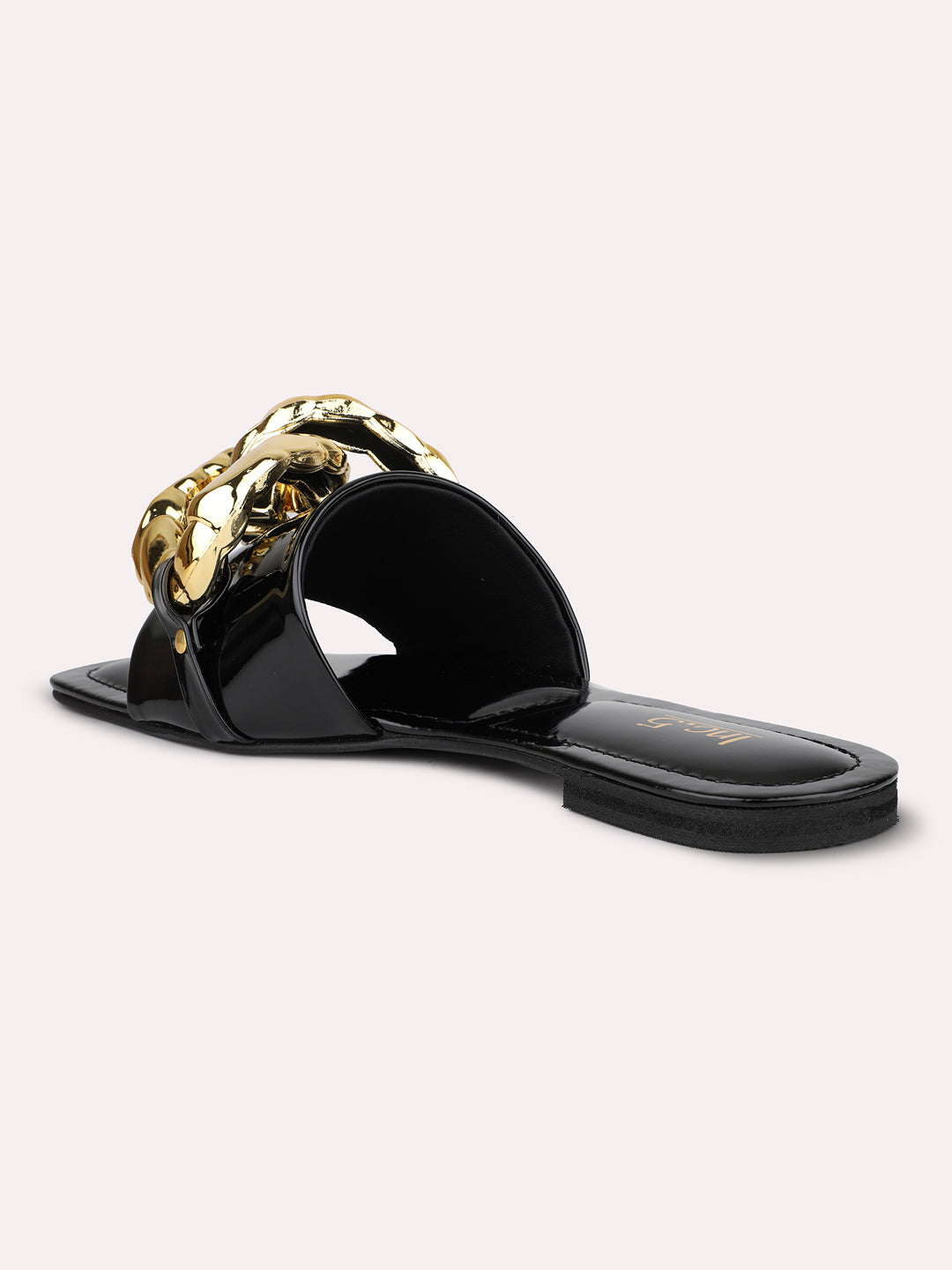 Women Black Buckle Embellished Open Toe Flats