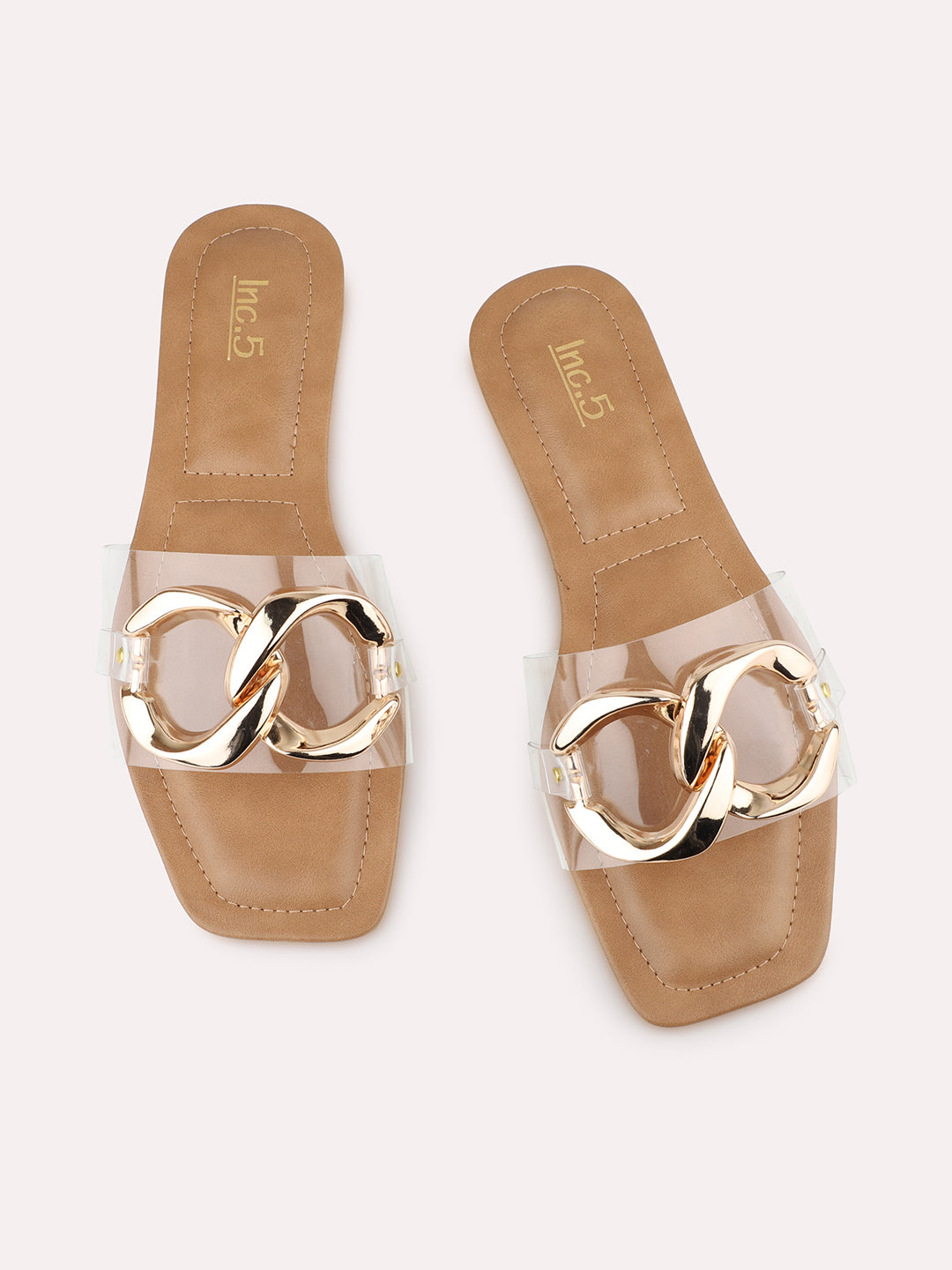 Women Beige Buckle Transparent Open Toe Flats