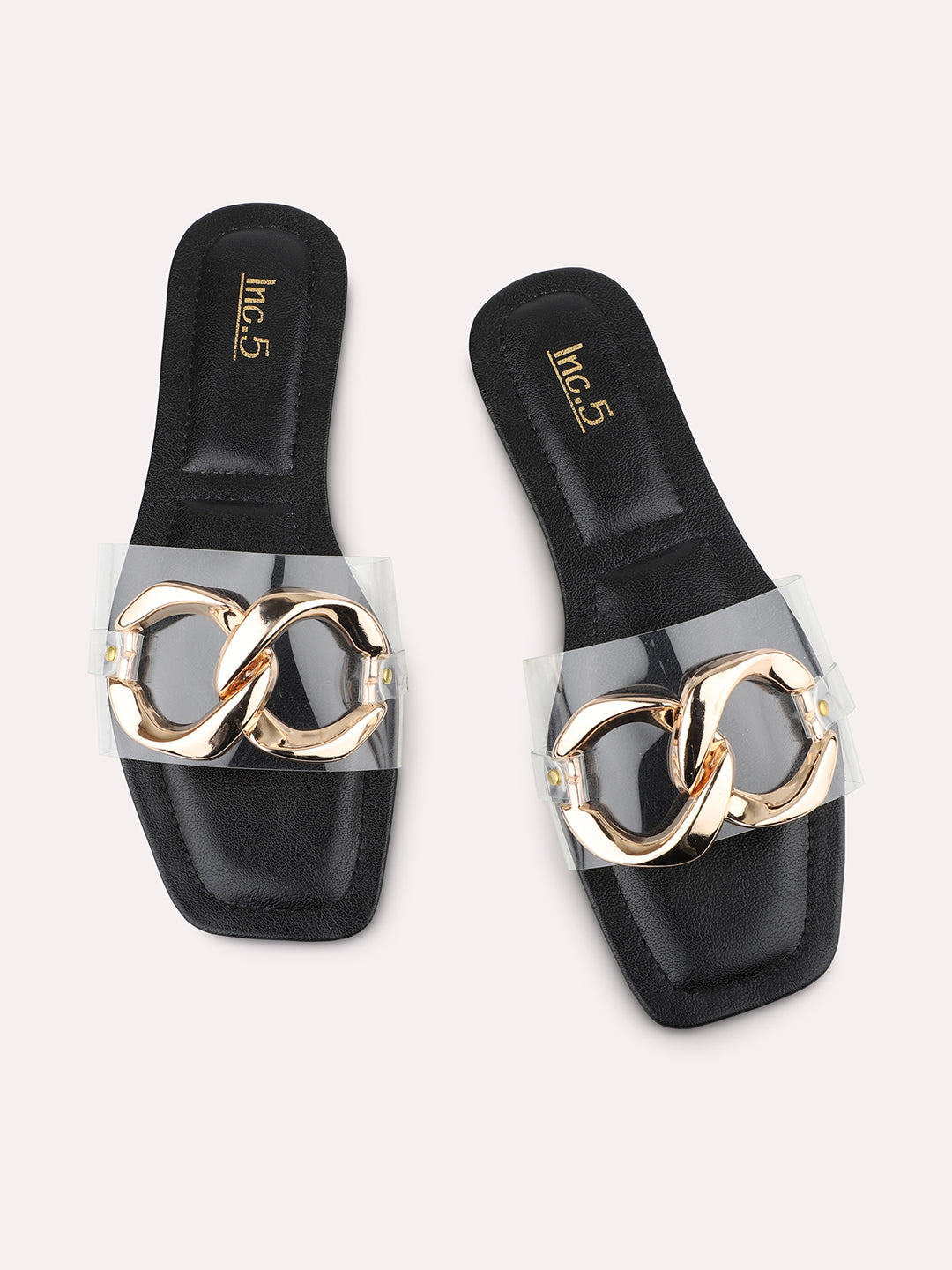 Women Black Buckle Transparent Open Toe Flats