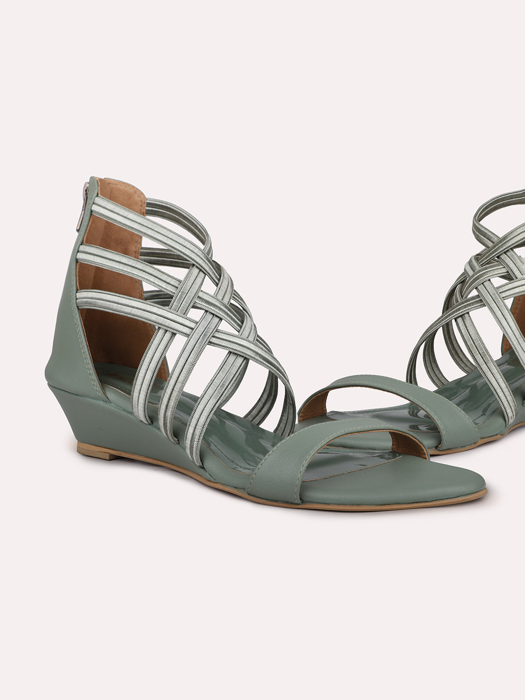 Women Green Open Toe Mid Top Wedges Gladiators