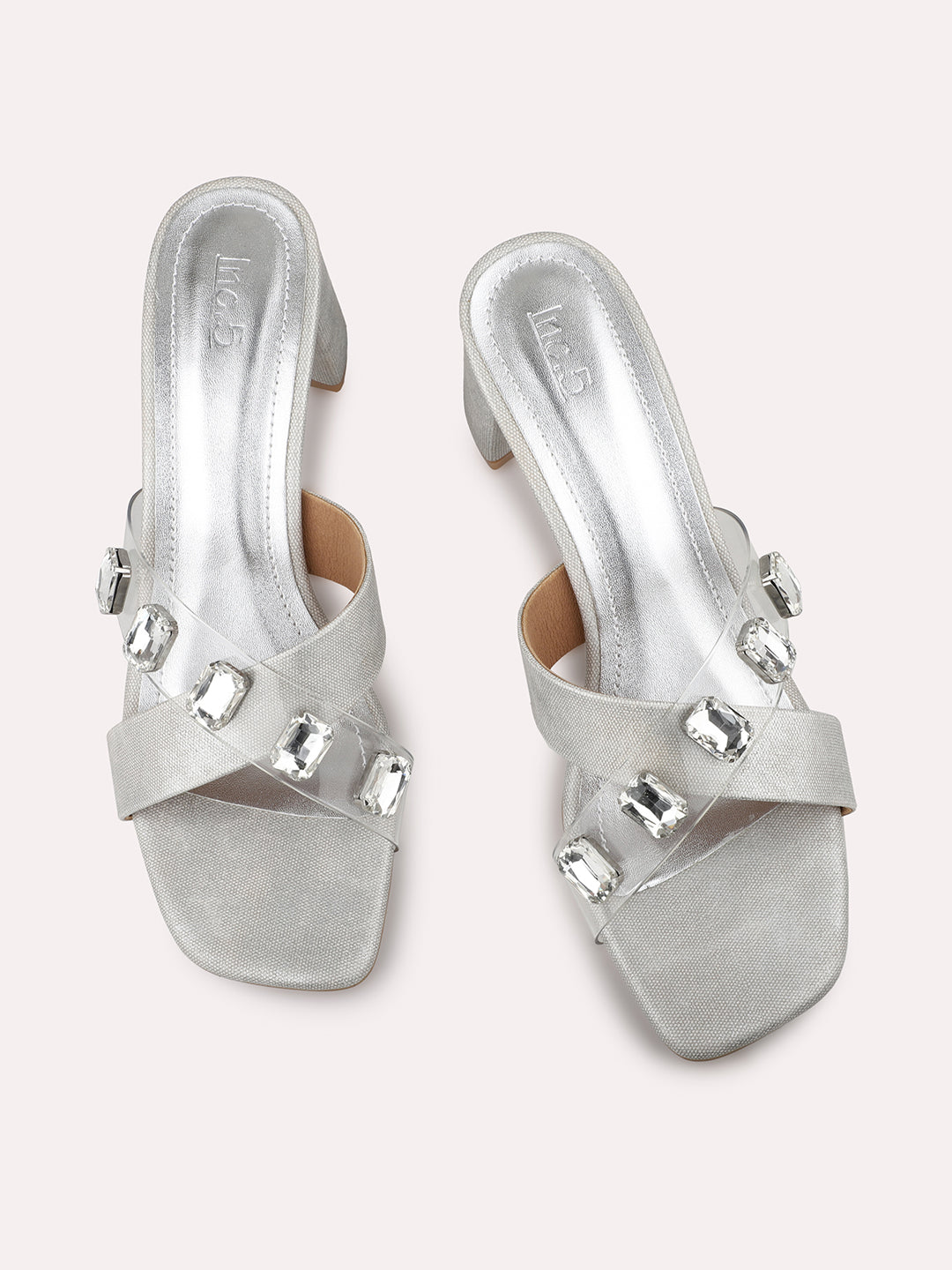 Women Silver Embellished Open Toe Block Heels