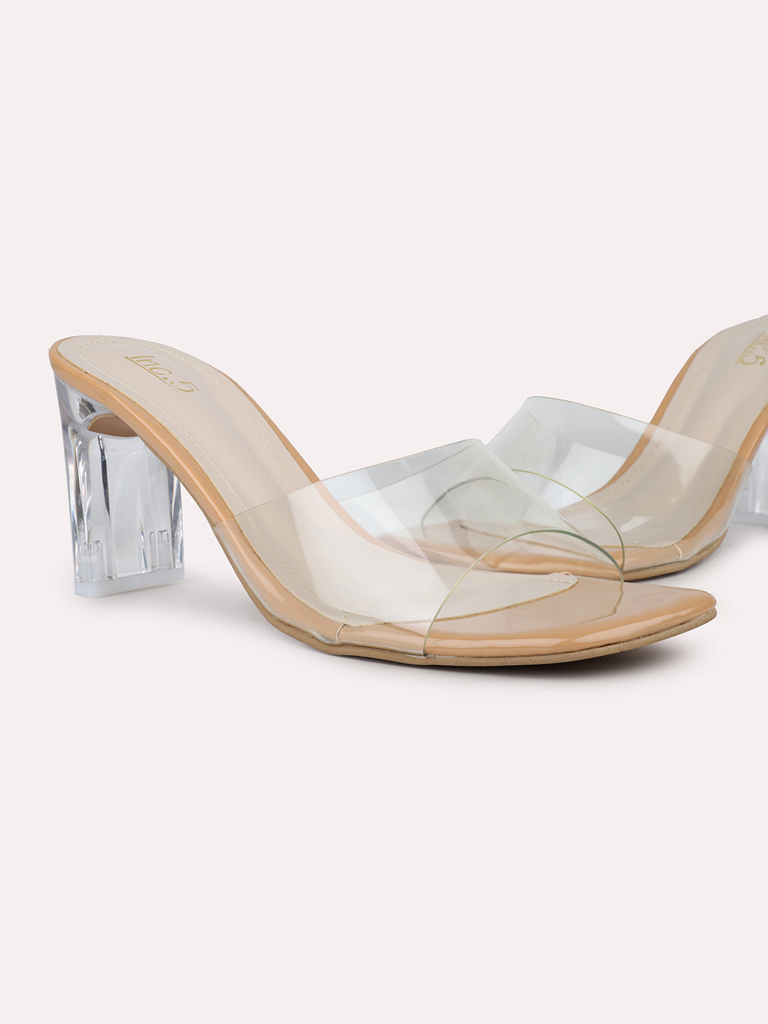 Women Beige & Transparent Open Toe Block Heels