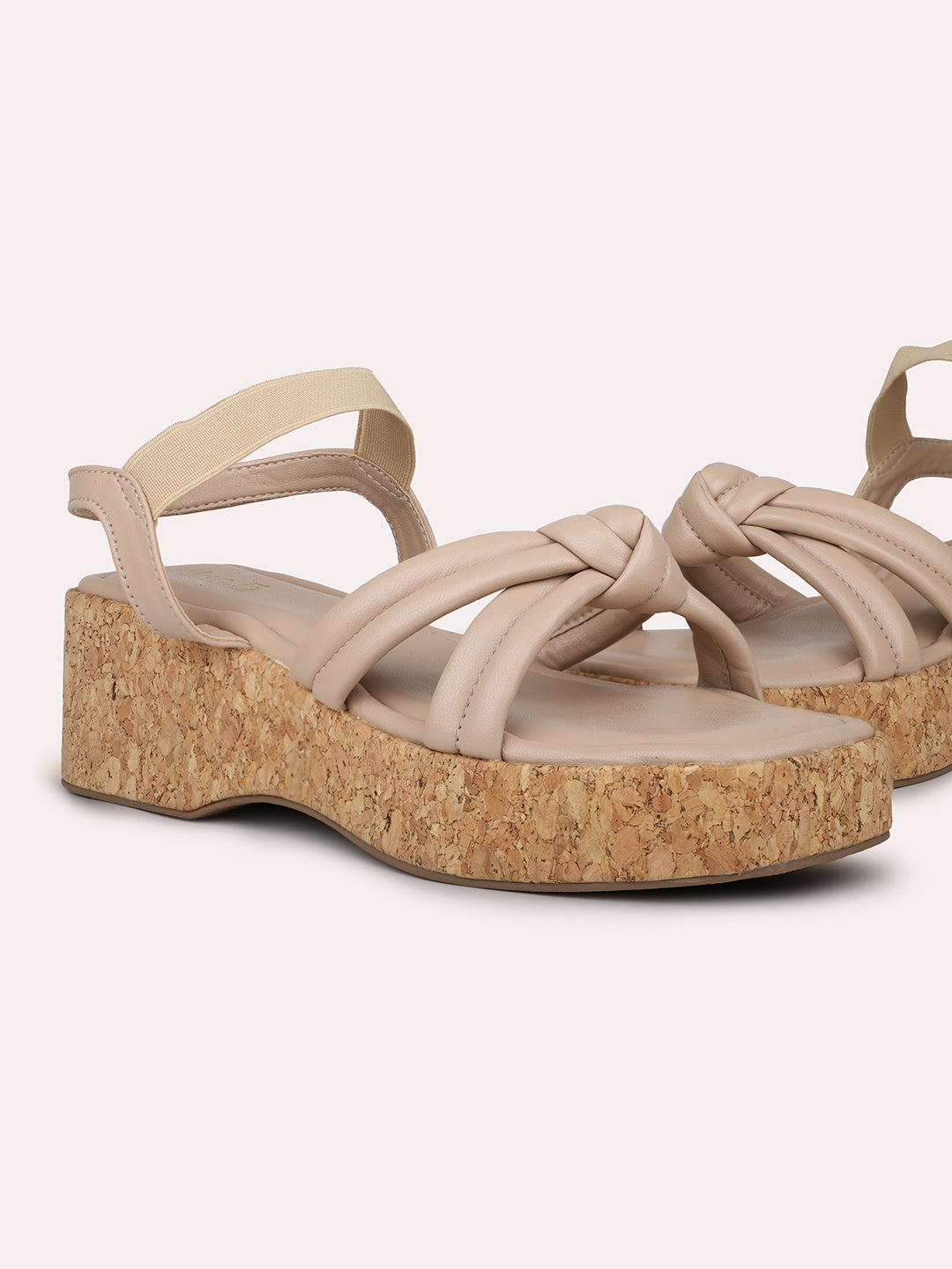 Women Beige Knot Detail Open Toe Platform Heels With Backstrap