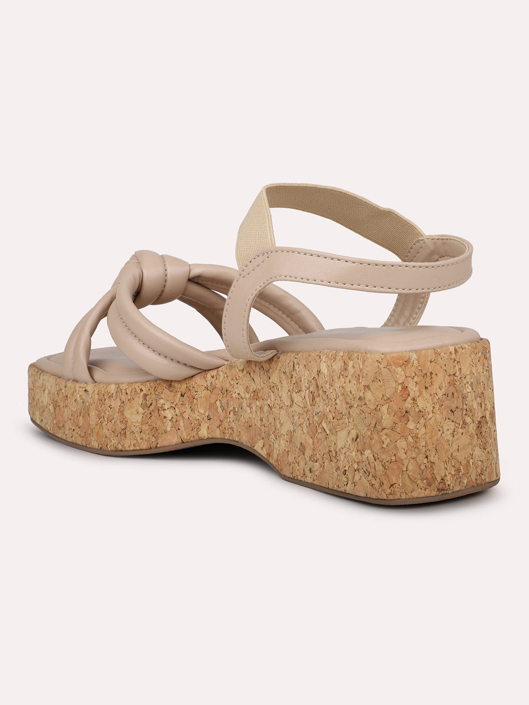 Women Beige Knot Detail Open Toe Platform Heels With Backstrap