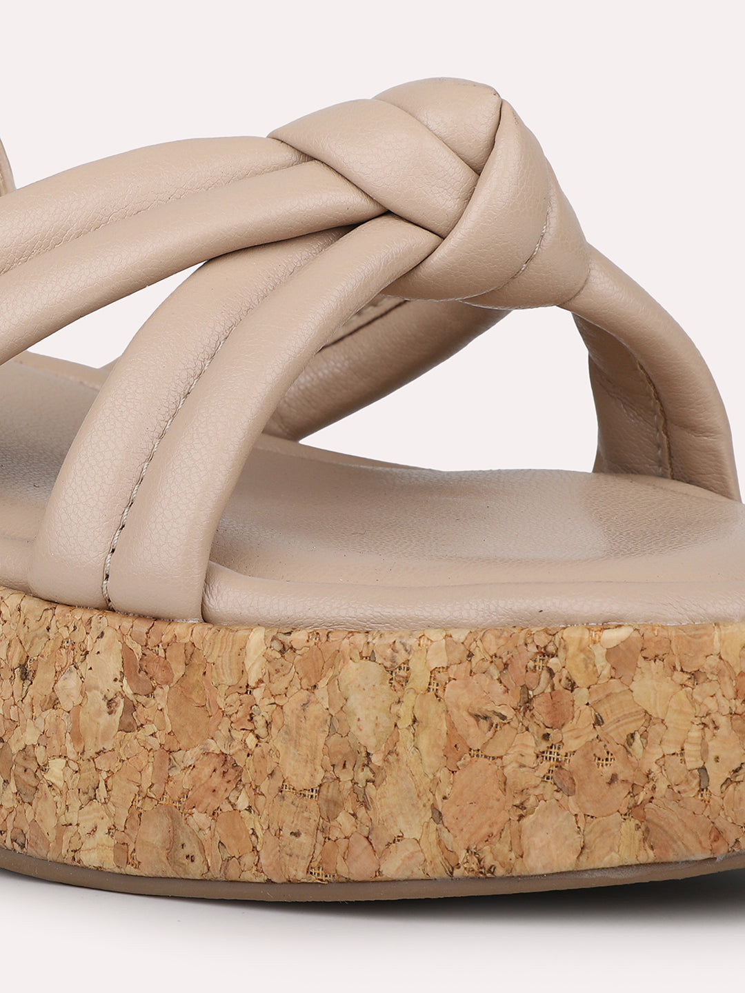 Women Beige Knot Detail Open Toe Platform Heels With Backstrap