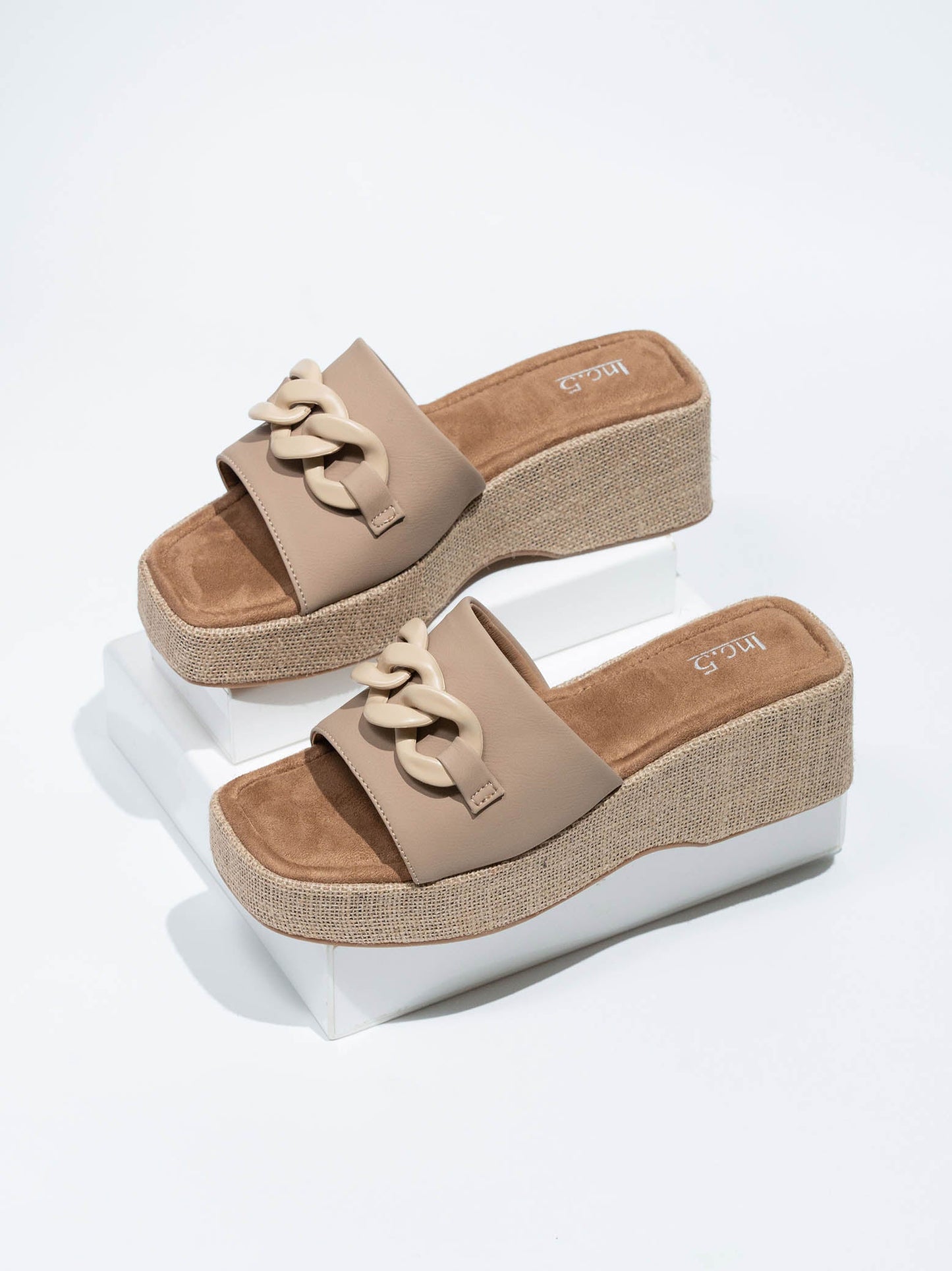 Women Beige Jute Finish Buckle Details Wedge Heels