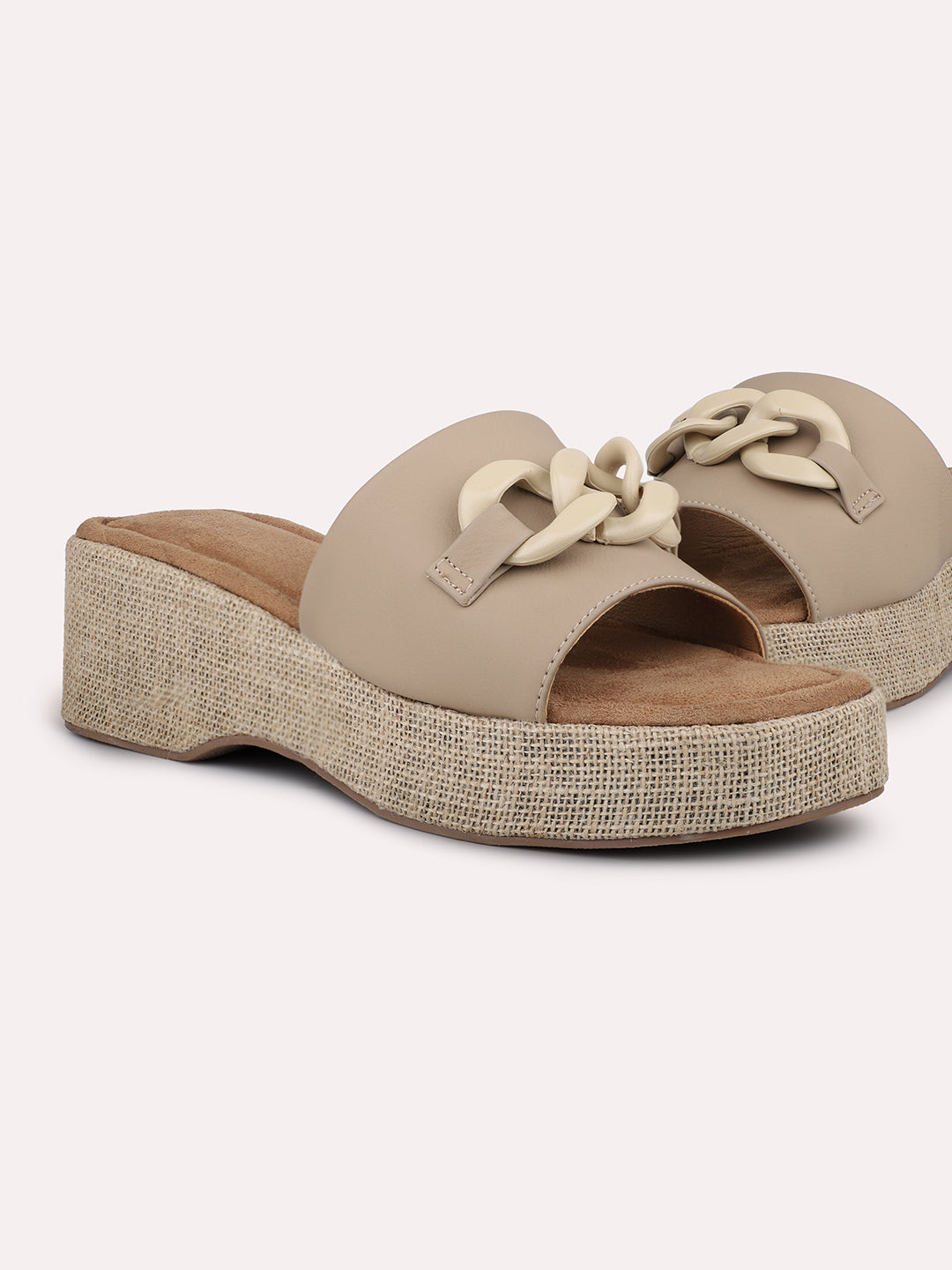 Women Beige Jute Finish Buckle Details Wedge Heels