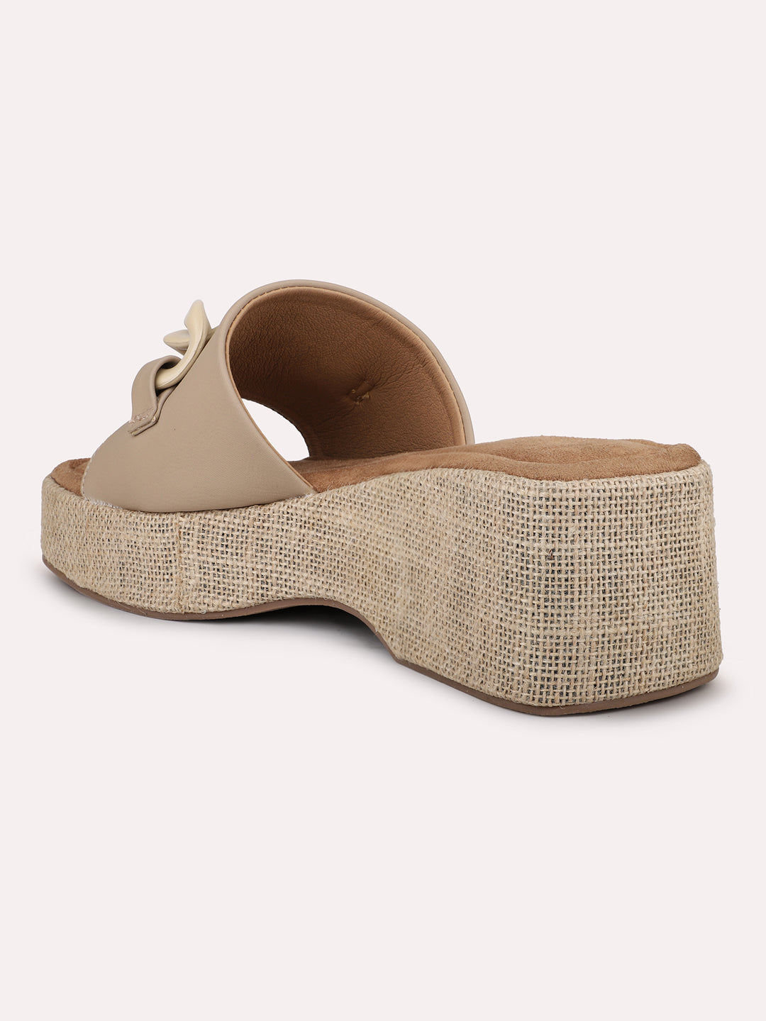 Women Beige Jute Finish Buckle Details Wedge Heels