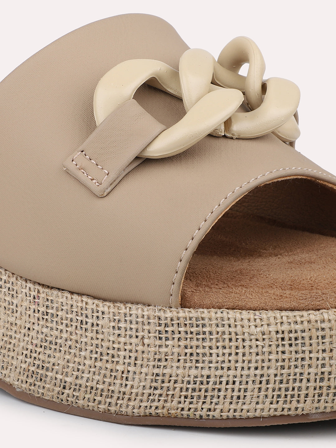 Women Beige Jute Finish Buckle Details Wedge Heels