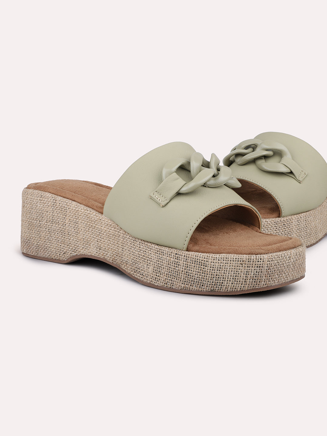 Women Green Jute Finish Buckle Details Wedge Heels