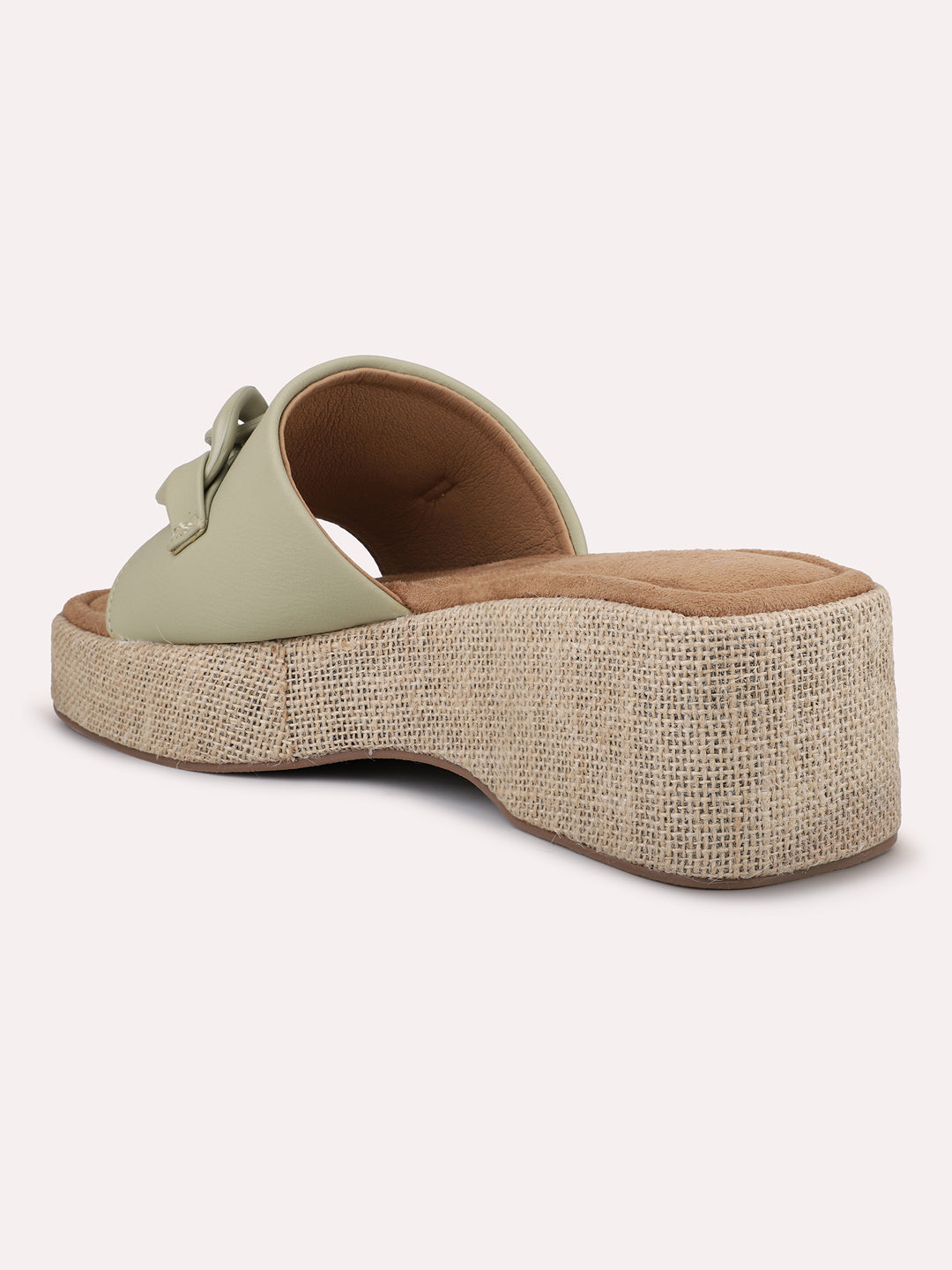 Women Green Jute Finish Buckle Details Wedge Heels