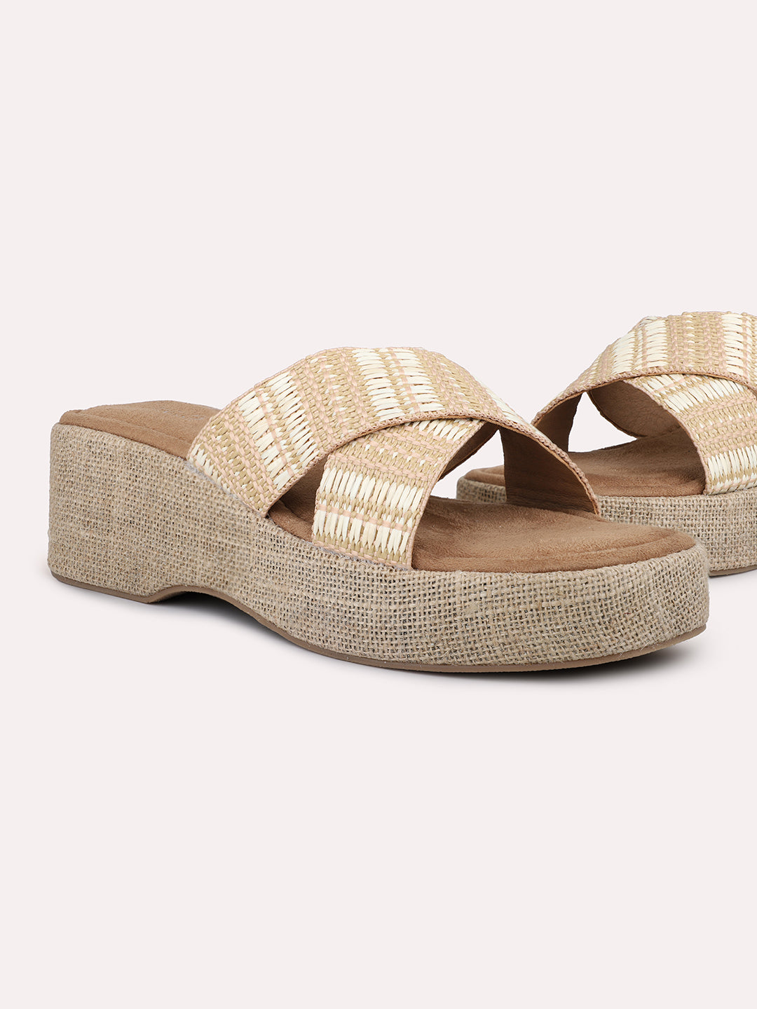 Women Beige Jute Finish Woven Design Wedge Heels