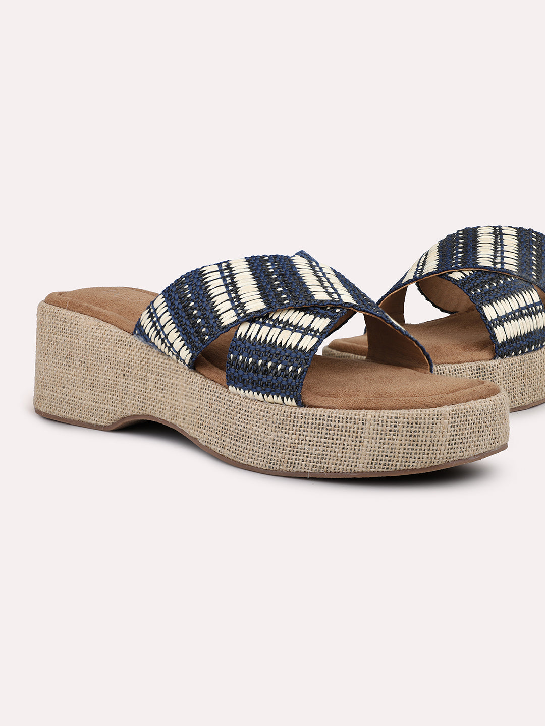 Women Blue Jute Finish Woven Design Wedge Heels