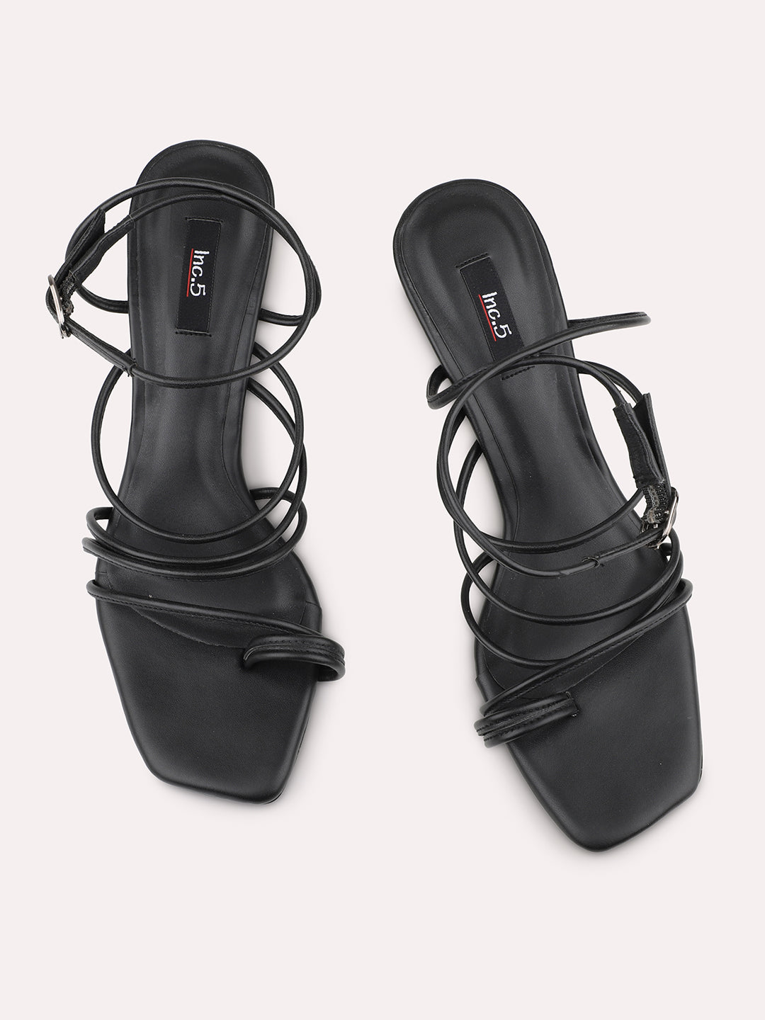 Women Black Strappy Ankle Loop One Toe Kitten Heels