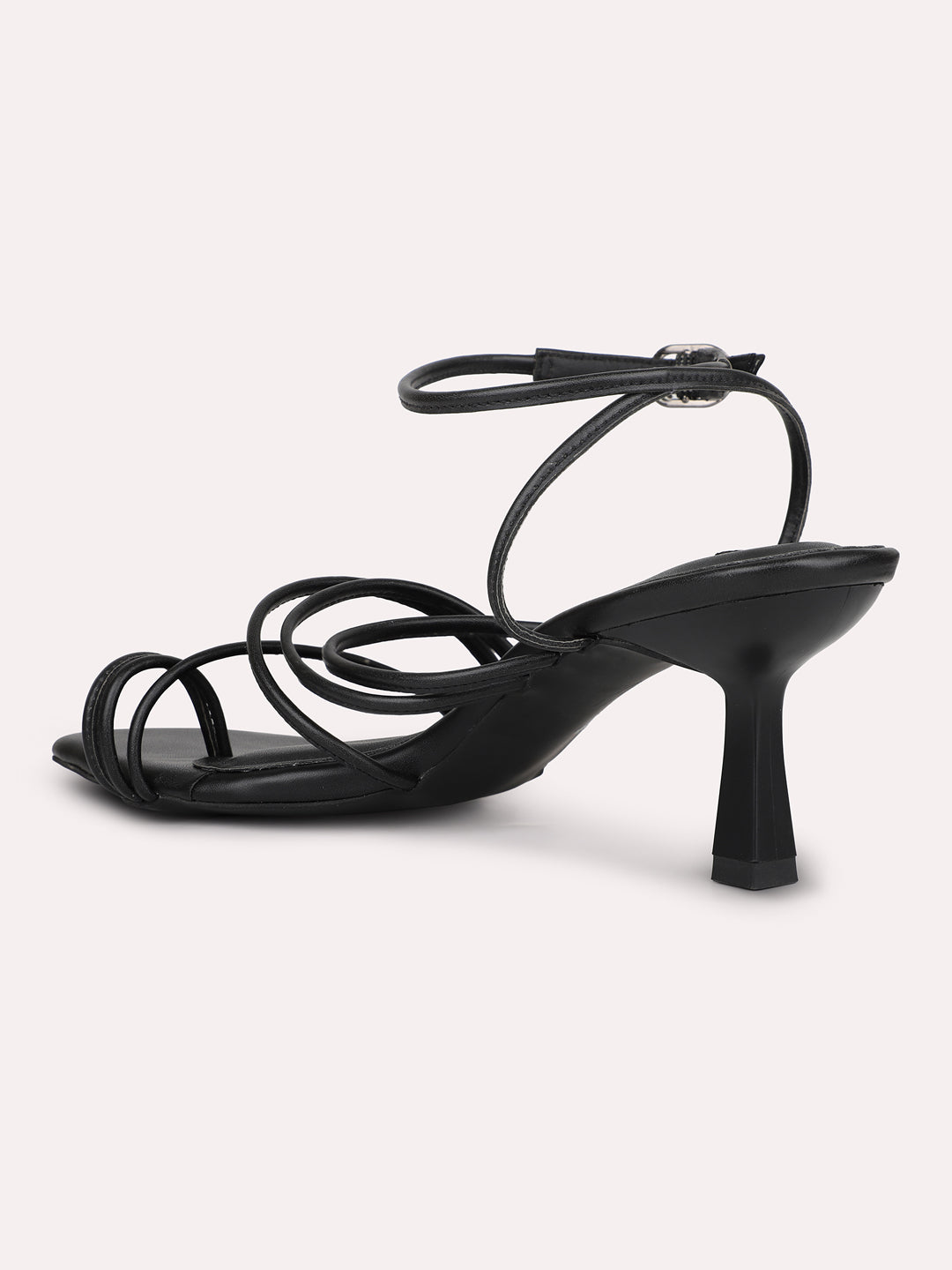 Women Black Strappy Ankle Loop One Toe Kitten Heels