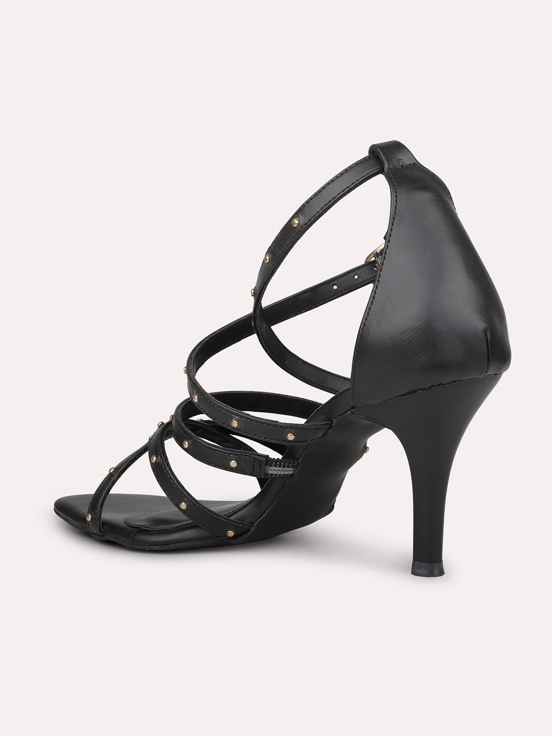 Women Black Buckle Closure Strappy Mid-Top Party Stiletto Heel