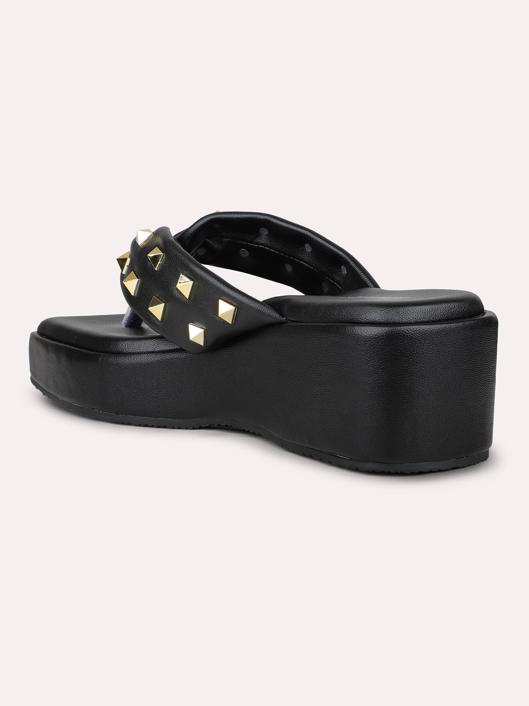 Women Black Studded Open Toe Wedge Heels