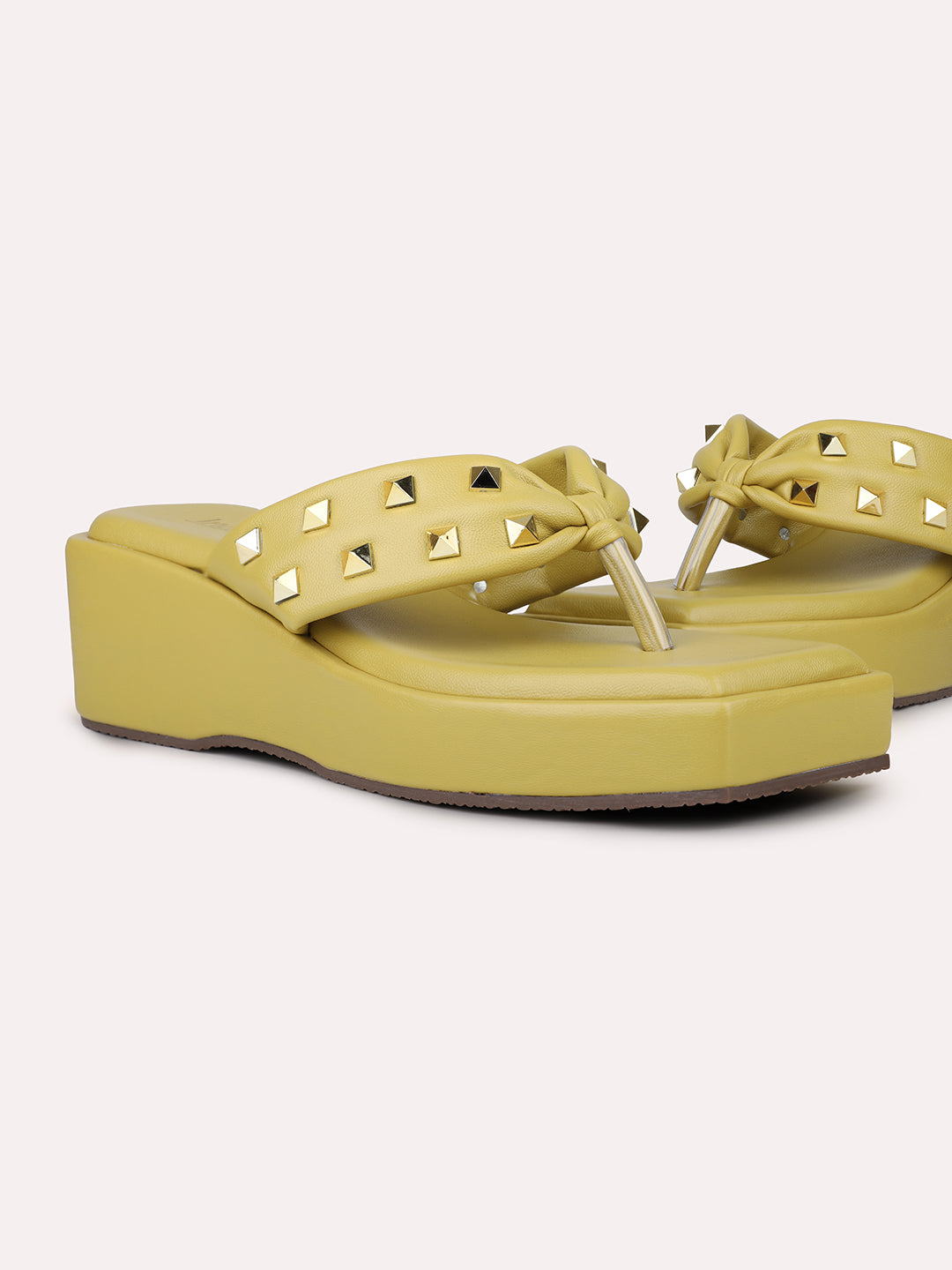 Women Yellow Studded Open Toe Wedge Heels