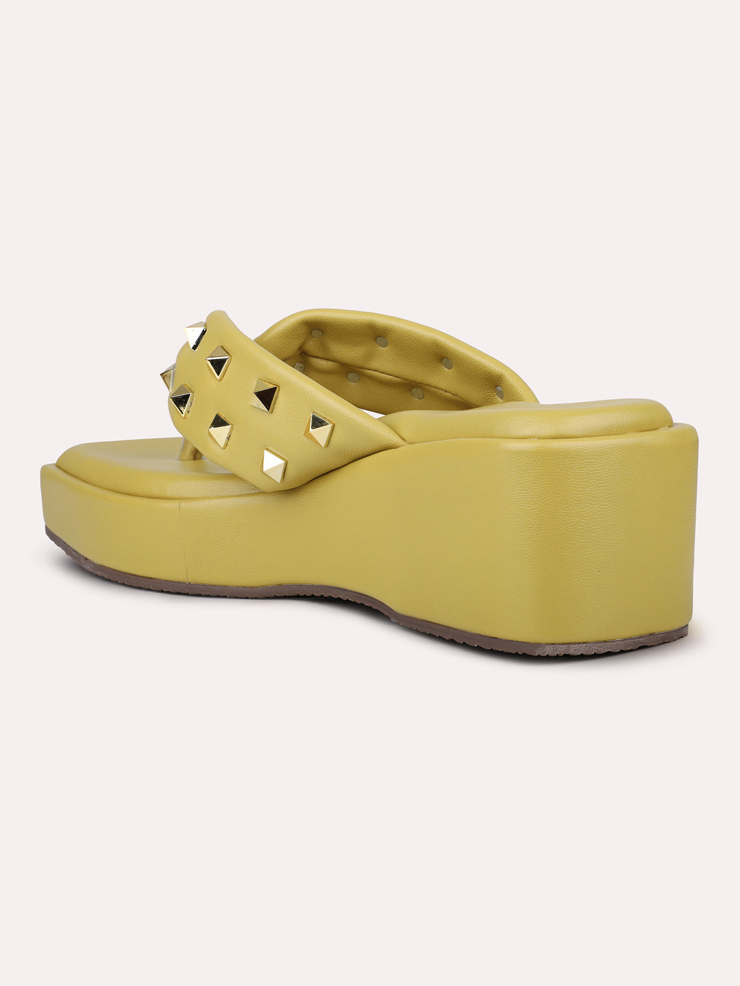 Women Yellow Studded Open Toe Wedge Heels