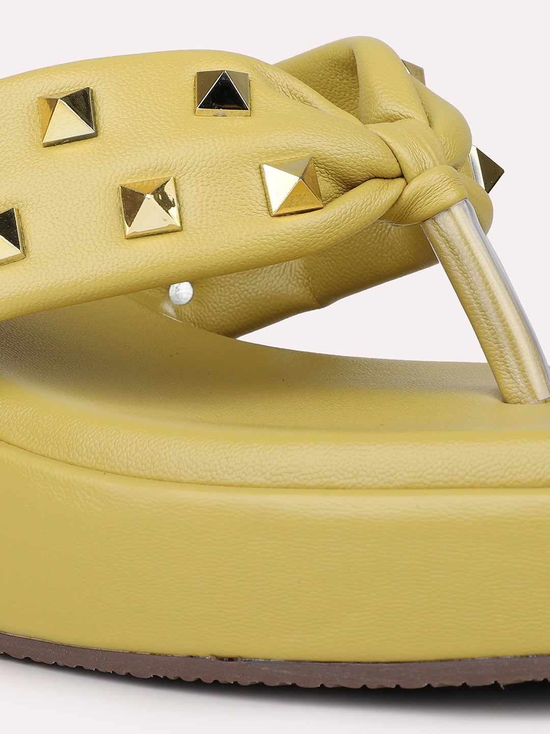 Women Yellow Studded Open Toe Wedge Heels