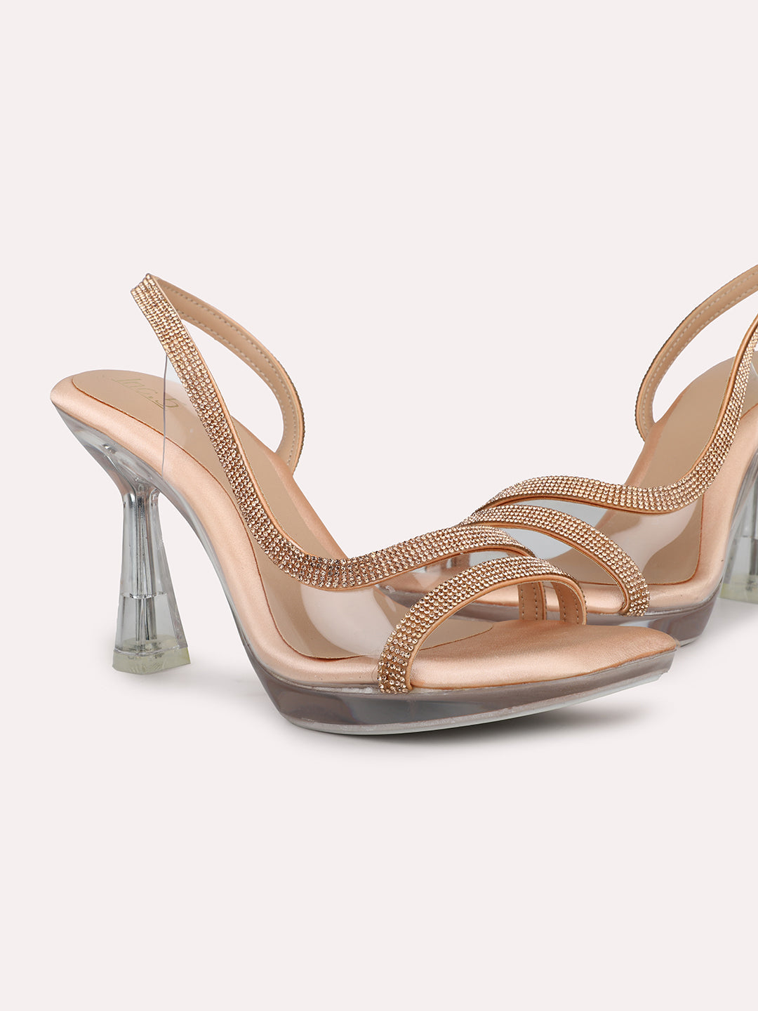 Women Rose Gold Embellished Transparent Party Slim Heels