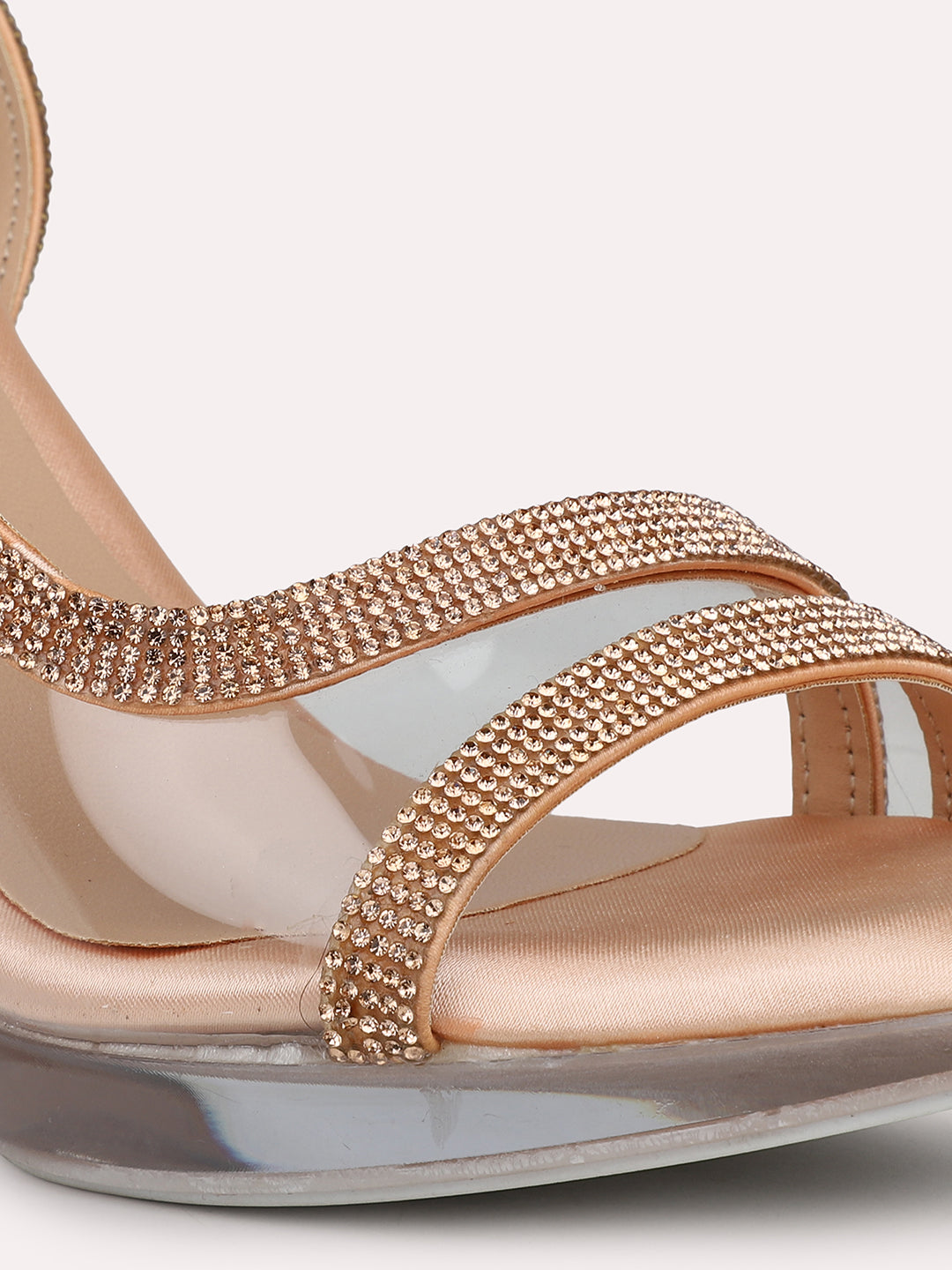 Women Rose Gold Embellished Transparent Party Slim Heels