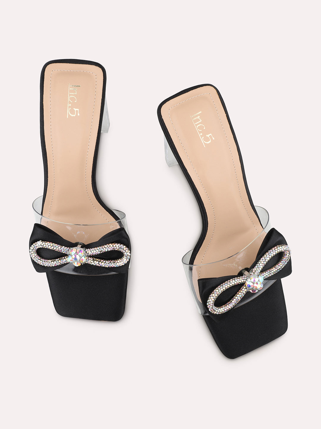 Buy Now Women Black Silver-Toned Transparent Bow Detail Block Heels