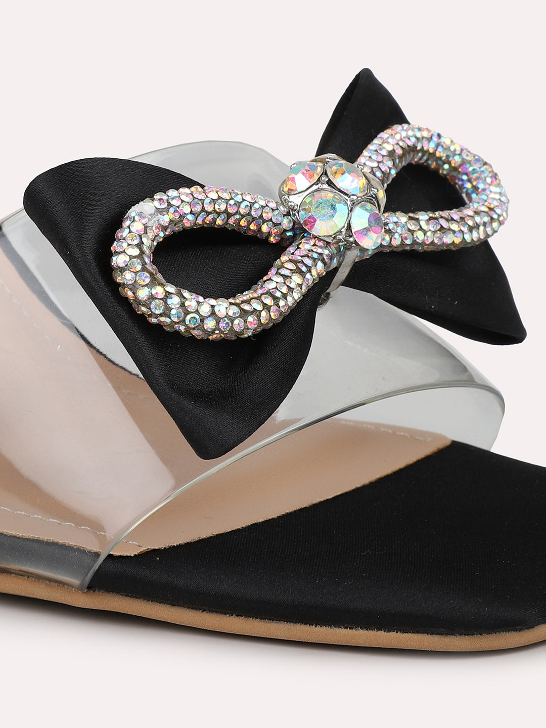 Women Black & Silver-Toned Transparent Bow Detail Block Heels