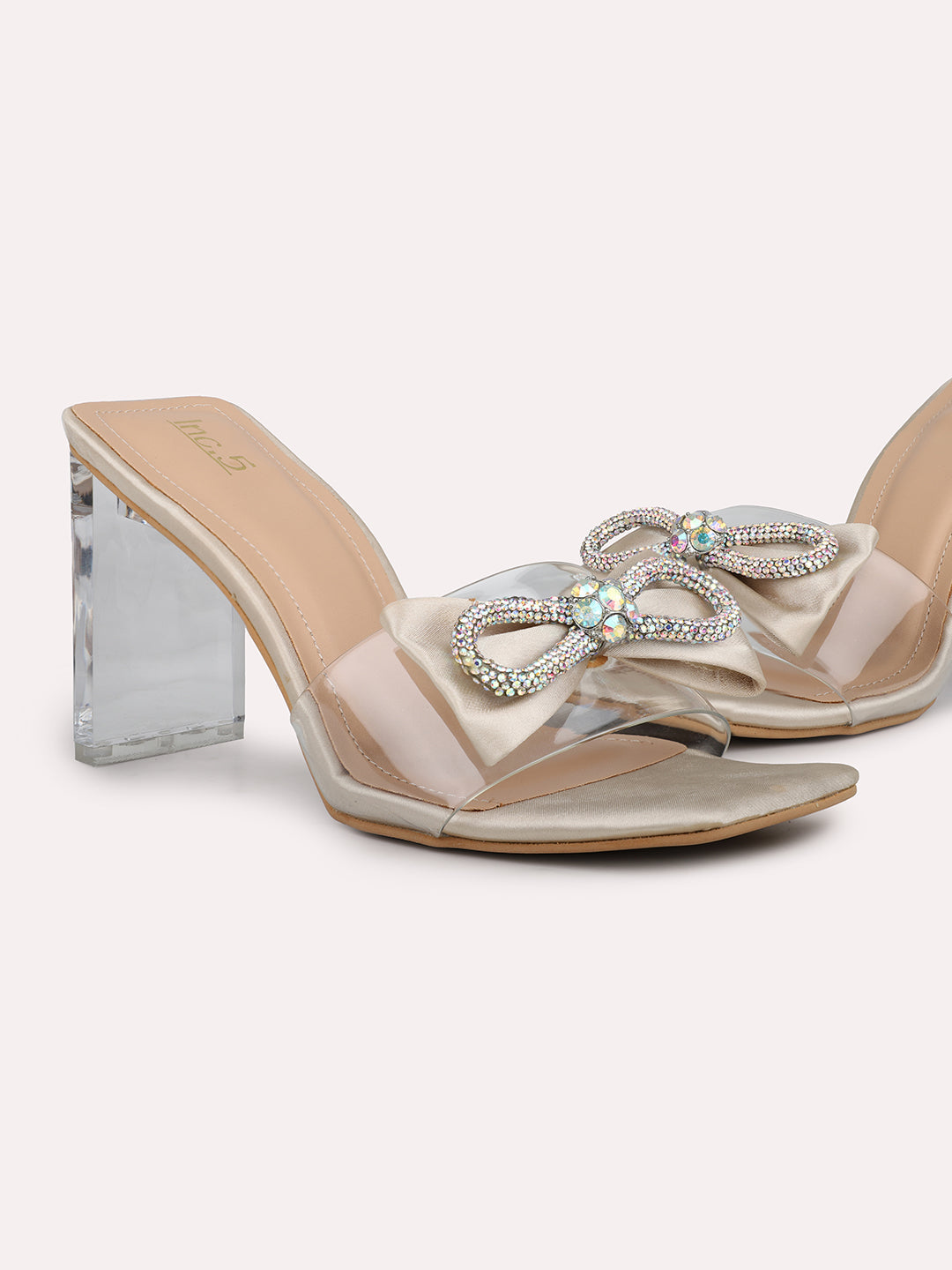 Women Gold & Silver-Toned Transparent Bow Detail Block Heels