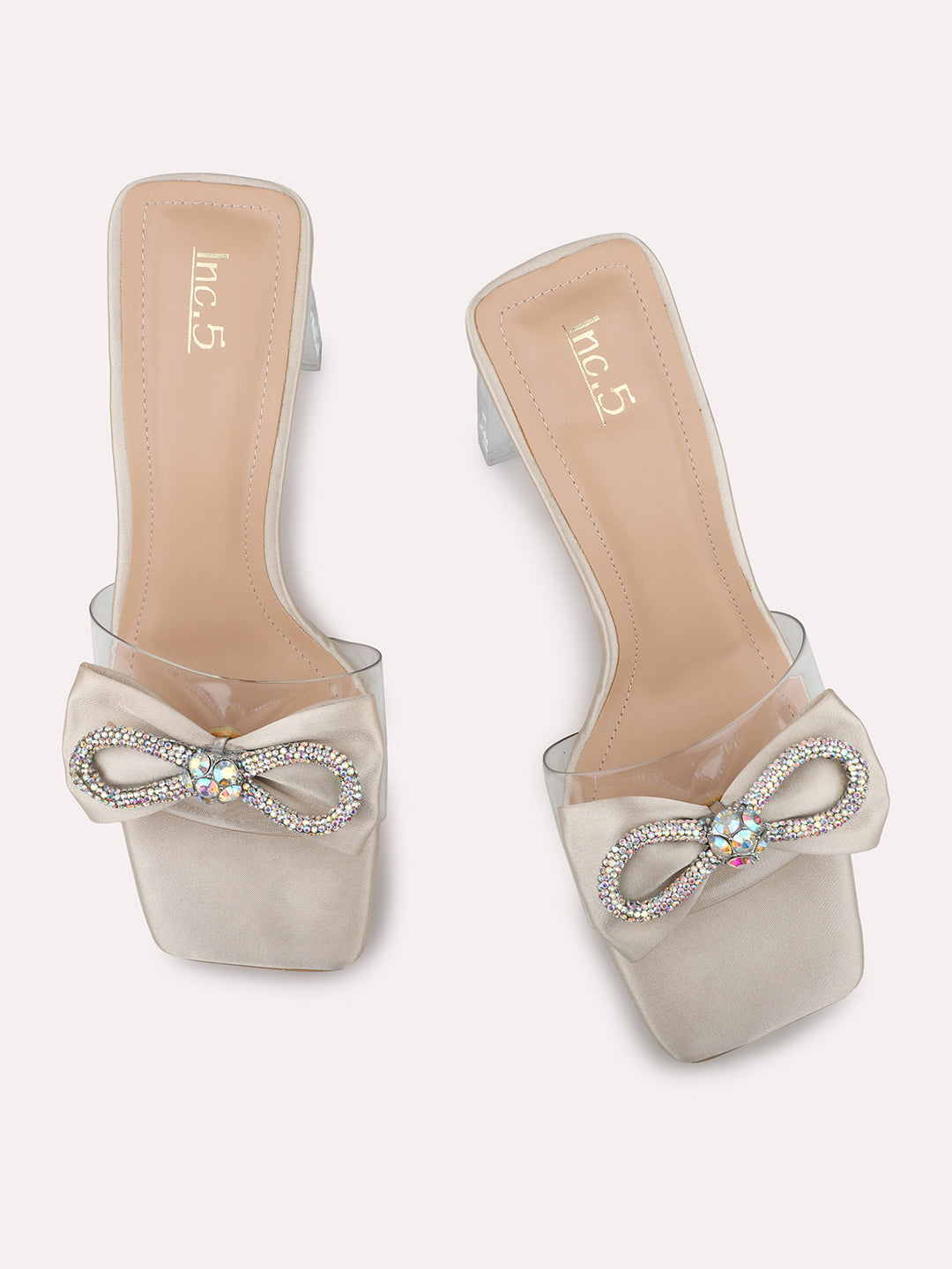 Women Gold & Silver-Toned Transparent Bow Detail Block Heels