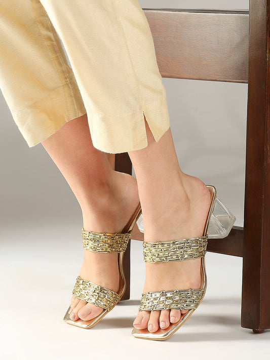 Women Gold Textured Embellished Block Heels