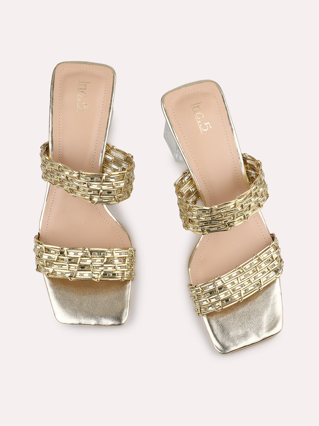 Women Gold Textured Embellished Block Heels